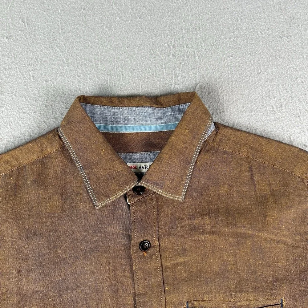 32 Bar Blue Button Up Shirt Men's Medium Metallic Copper Bronze Cotton Linen - Picture 2 of 16